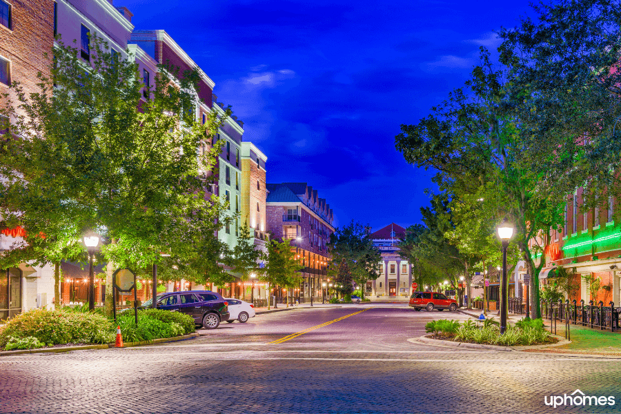 Downtown Gainesville, Florida with shops at night time for dining, shopping, playing and more