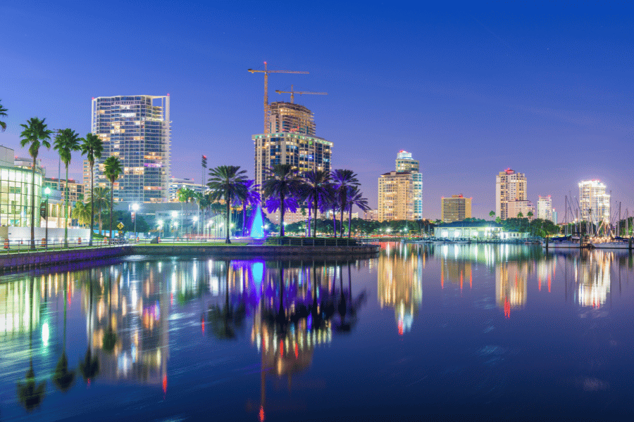 Lights reflected in the water in St. Petersburg, FL at night 