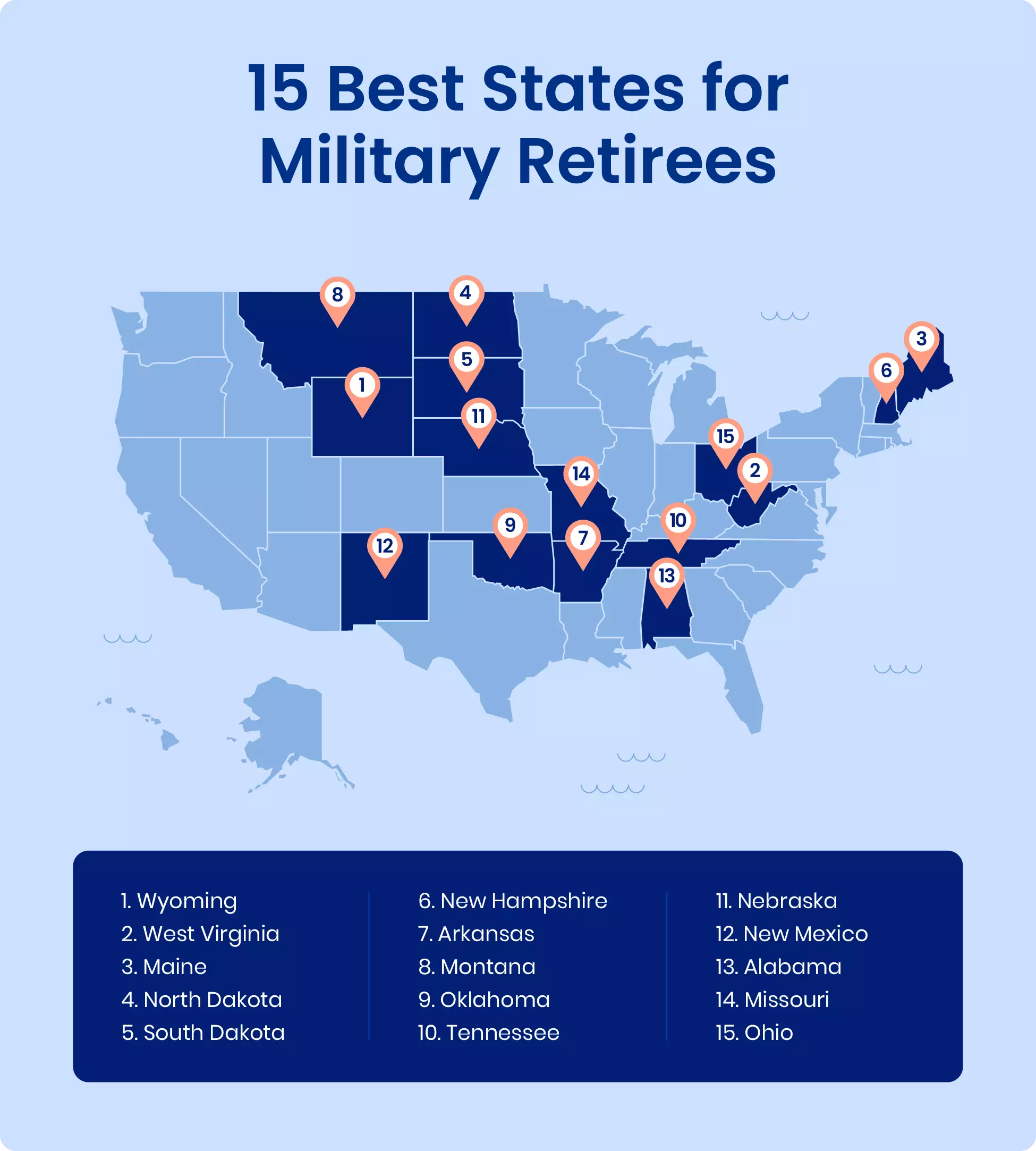 Map shows the 15 best states for military retirees.