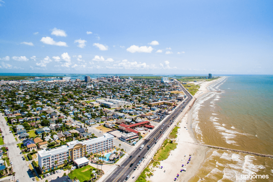 Aerial view of the beach and city of Galveston TX Aerial view of the beach and city of Galveston TX
