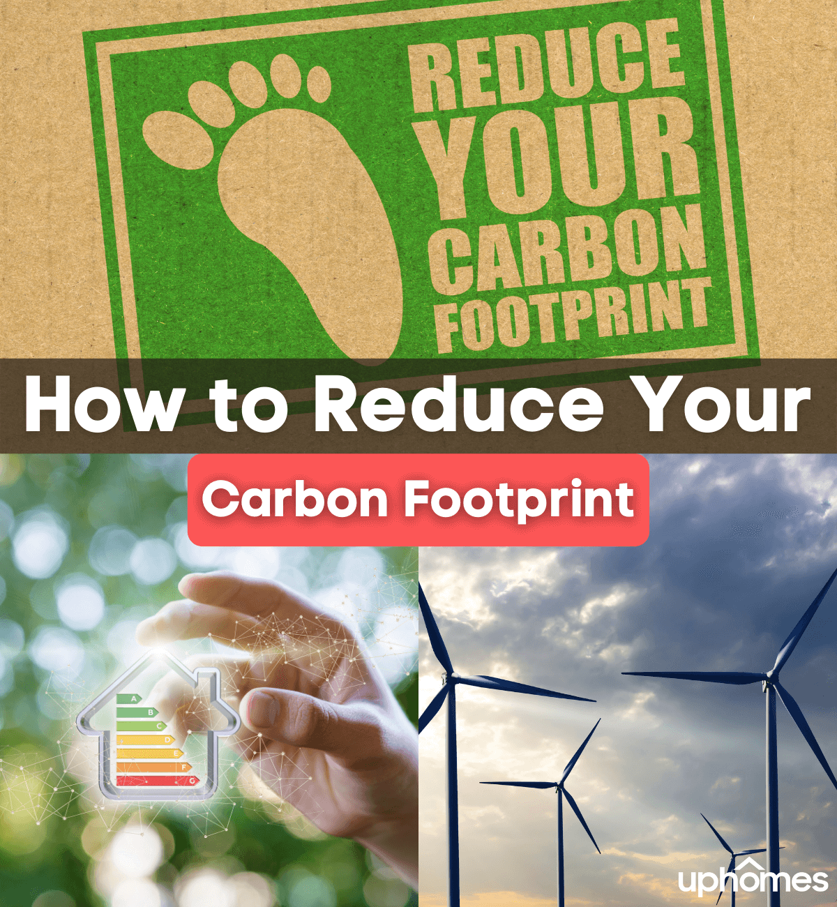 Energy Efficient Homes - How to Reduce your Carbon Footprint with Co2 footprint on a mat and photo of windmills and energy efficient homes