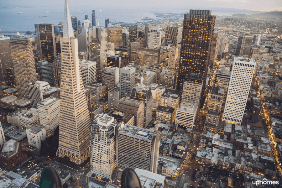 Downtown San Francisco aerial view during the day time with the hustle bustle of the city and people working hard