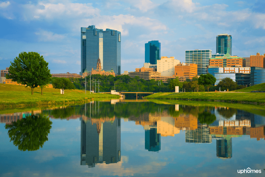 Water view of Fort Worth skyline and city Fort Worth Skyline - A Water view of the Fort Worth TX cityscape on a bright sunny day
