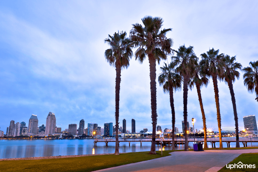 San Diego, California city skyline at sunset with water and trees in the foreground