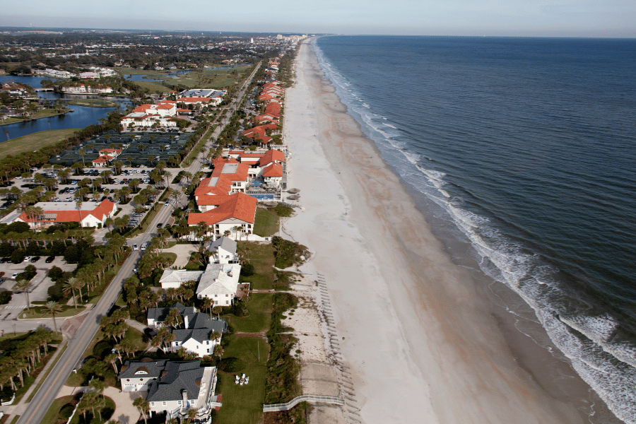 Jacksonville, FL Beach Aerial view of the beach and buildings in Jacksonville, FL