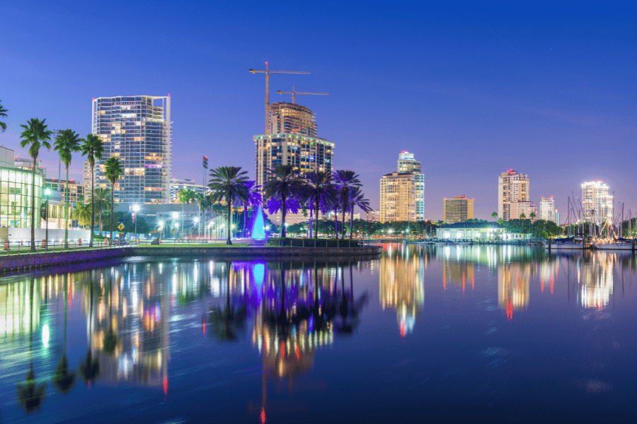 St. Petersburg, FL at night  Lights reflected in the water in St. Petersburg, FL at night