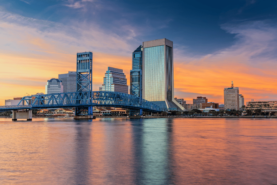 Jacksonville, FL Sunset Jacksonville, FL, skyline and bridge during a beautiful orange sunset