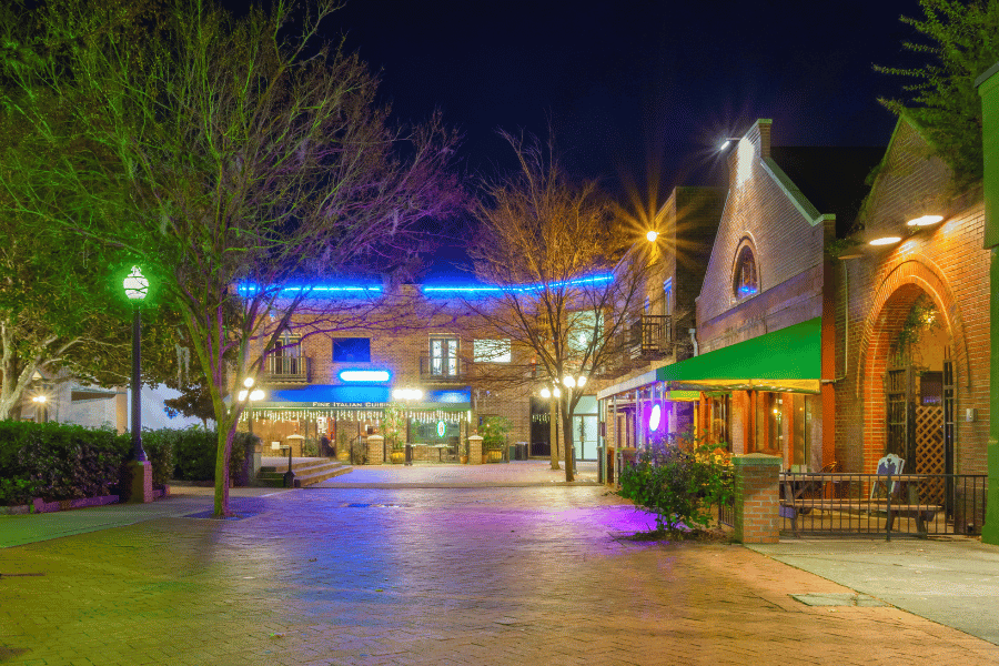 Downtown Gainesville Restaurants at night with colorful lights