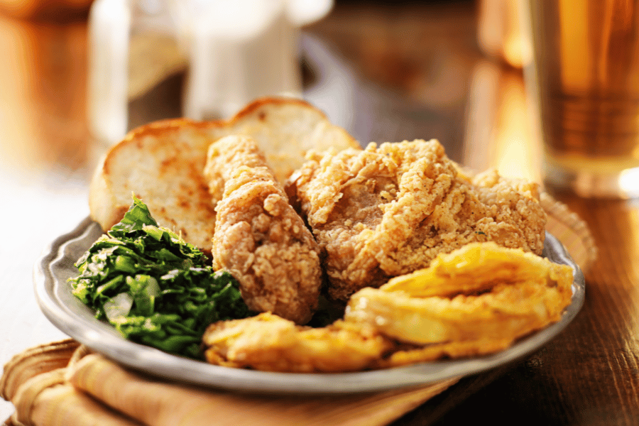 southern fried chicken with collard greens